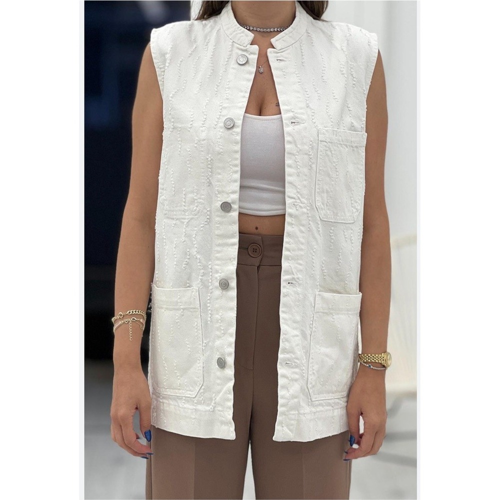 Zara Women Vest Size Small Sleeveless Button Up White Denim Casual Pockets